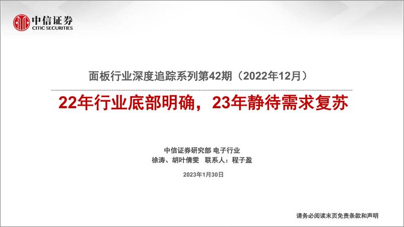 《面板行业深度追踪系列第42期（2022年12月）：22年行业底部明确，23年静待需求复苏-20230130-中信证券-22页》 - 第1页预览图