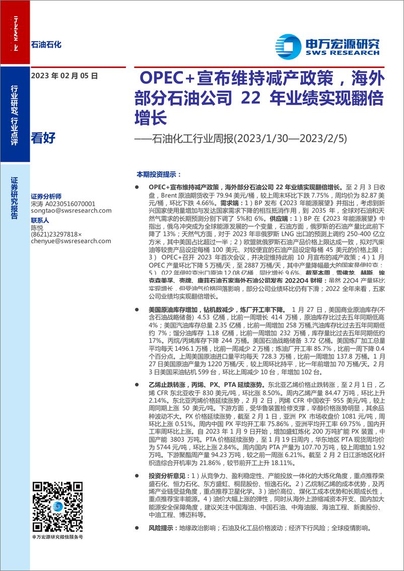 《石油化工行业周报：OPEC+宣布维持减产政策，海外部分石油公司22年业绩实现翻倍增长》 - 第1页预览图