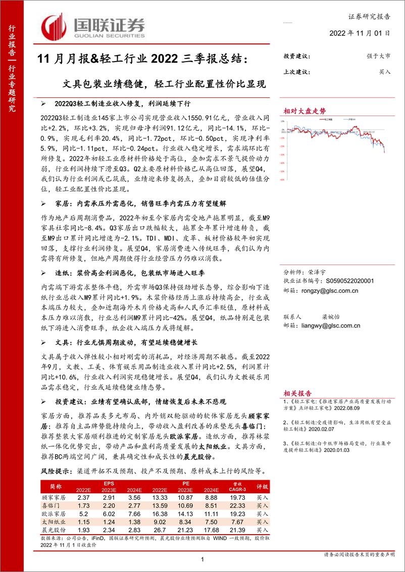 《11月月报&轻工行业2022三季报总结：文具包装业绩稳健，轻工行业配置性价比显现-20221101-国联证券-21页》 - 第1页预览图