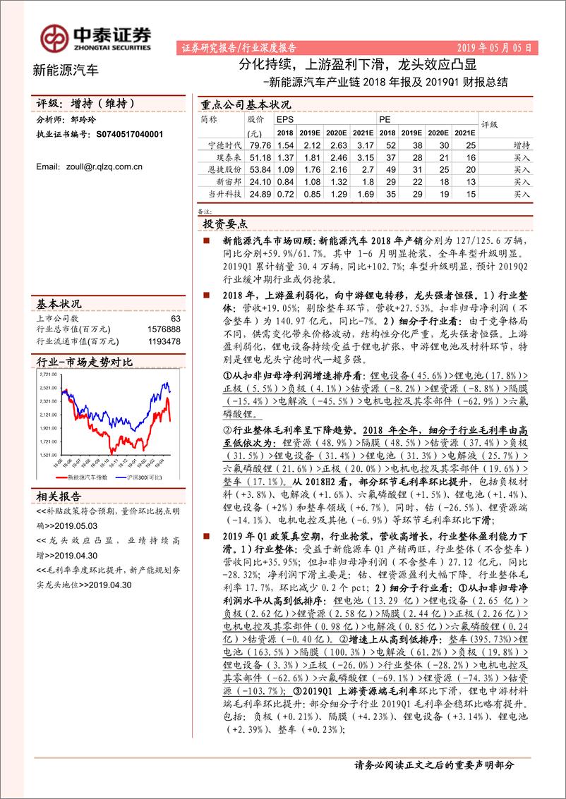 《新能源汽车产业链2018年报及2019Q1财报总结：分化持续，上游盈利下滑，龙头效应凸显-20190505-中泰证券-32页》 - 第1页预览图