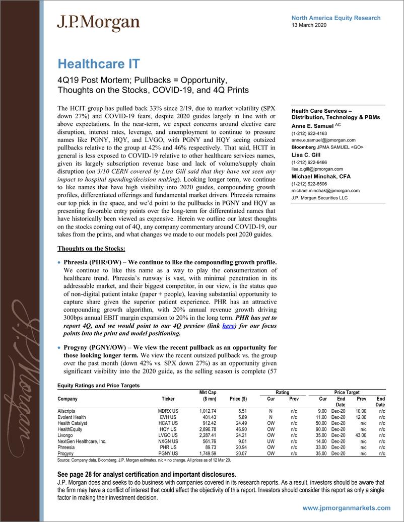 《J.P. 摩根-美股-医疗服务业-医疗IT：2019年Q4复盘，回调=机会-2020.3.13-31页》 - 第1页预览图