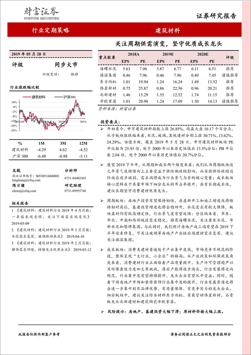 《建筑材料行业：关注周期供需演变，坚守优质成长龙头-20190528-财富证券-24页》 - 第1页预览图