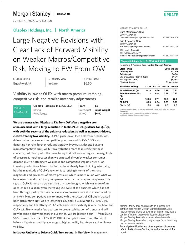 《OLPX.OQ-Morgan Stanley-Olaplex Holdings, Inc. Large Negative Revisions with Clear ...-》 - 第1页预览图