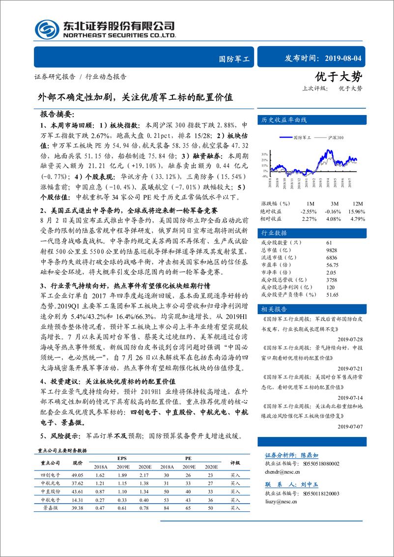 《国防军工行业：外部不确定性加剧，关注优质军工标的配置价值-20190804-东北证券-20页》 - 第1页预览图