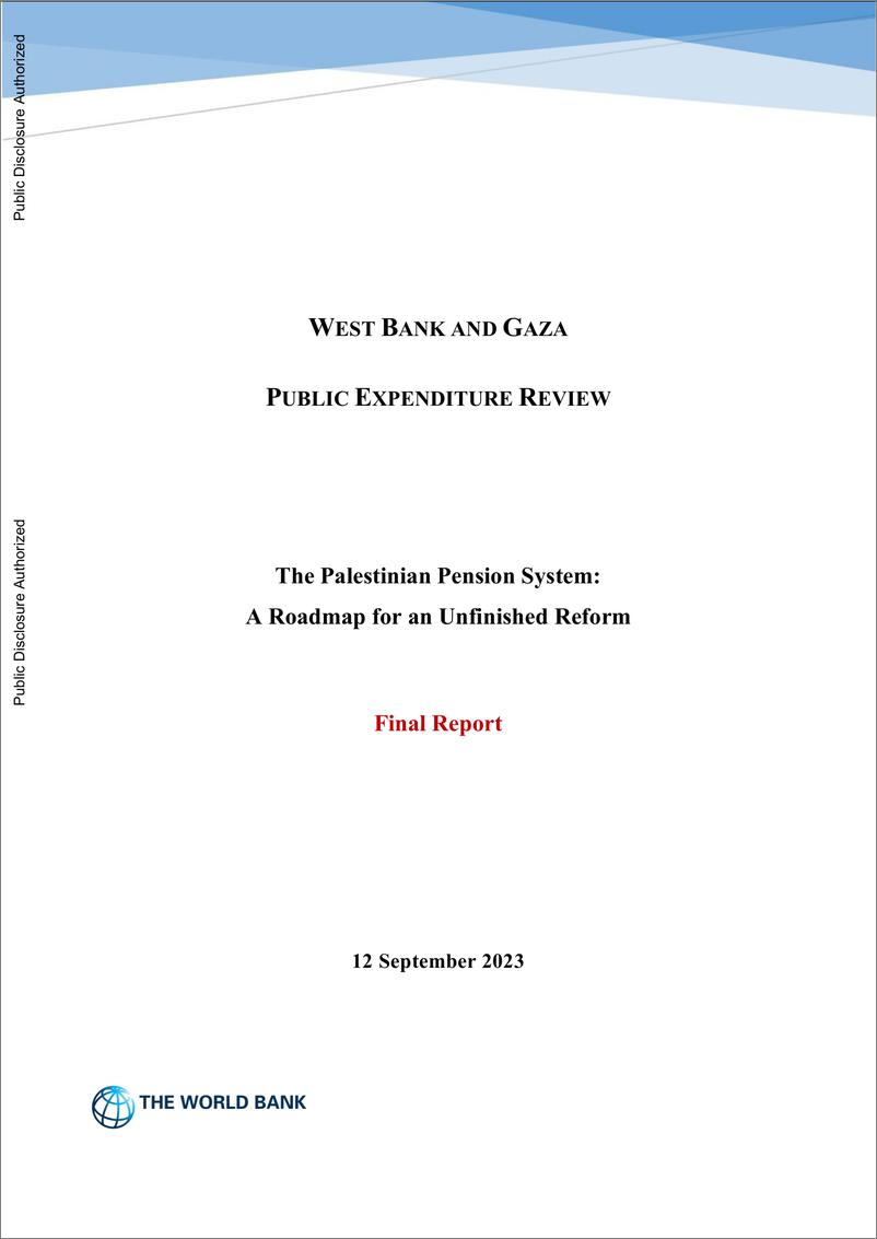 《世界银行-约旦河西岸和加沙公共支出审查-巴勒斯坦养老金制度：未完成改革的路线图（英）-2023.9-56页》 - 第1页预览图