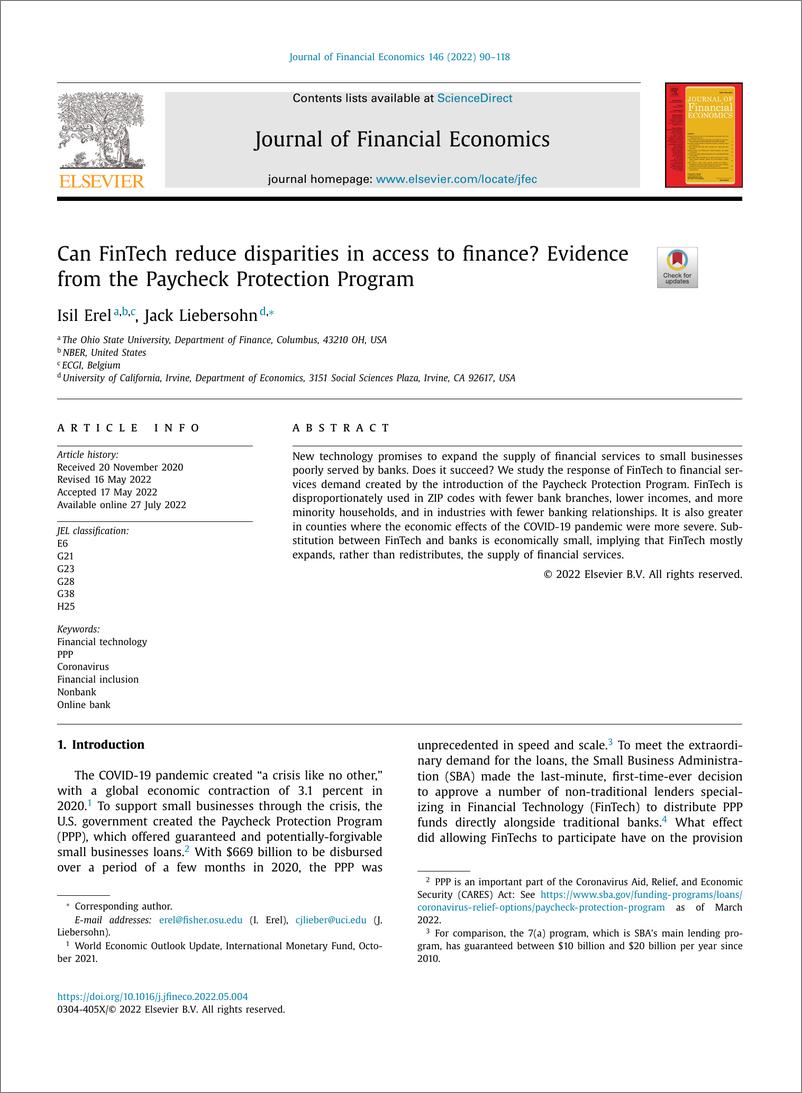 《JFE-金融科技能缩小融资渠道的差距吗？来自薪资保护计划的证据-29页》 - 第1页预览图