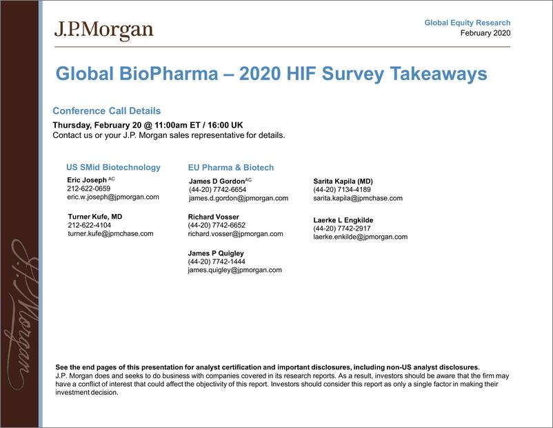 《J.P. 摩根-全球-生物制药行业-全球生物制药：2020年HIF调查结论-2020.2-34页》 - 第1页预览图