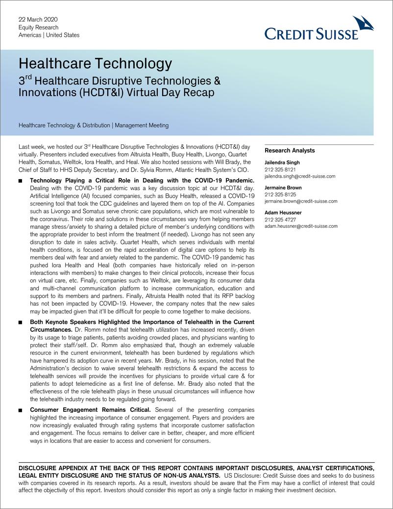 《瑞信-美股-医疗科技行业-第三届医疗保健颠覆性技术与创新（HCDT&I）虚拟日回顾-2020.3.22-37页》 - 第1页预览图