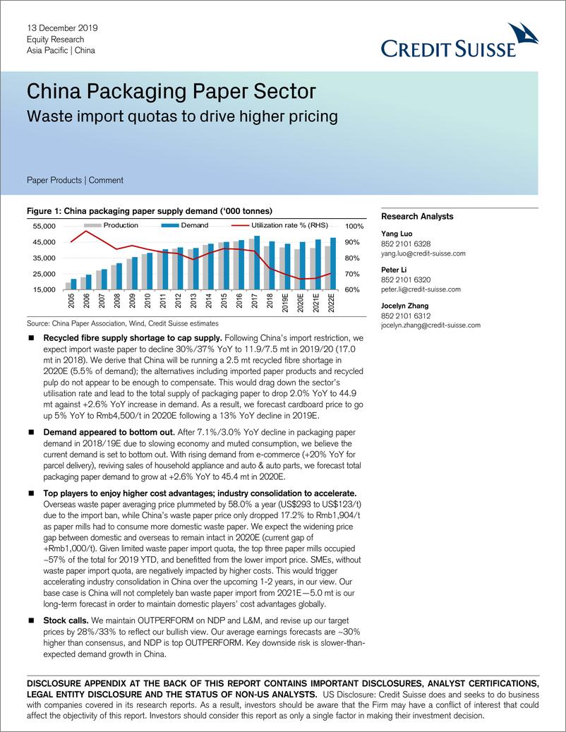 《瑞信-中国-包装纸行业-中国包装纸行业：浪费进口配额来抬高价格-2019.12.13-28页》 - 第1页预览图