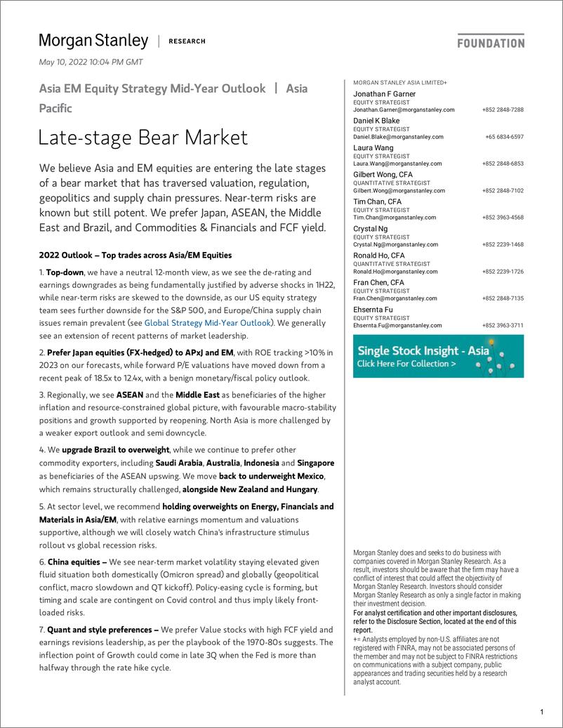 《摩根士丹利-新兴市场投资策略-后期熊市-2022.5.10-85页》 - 第1页预览图