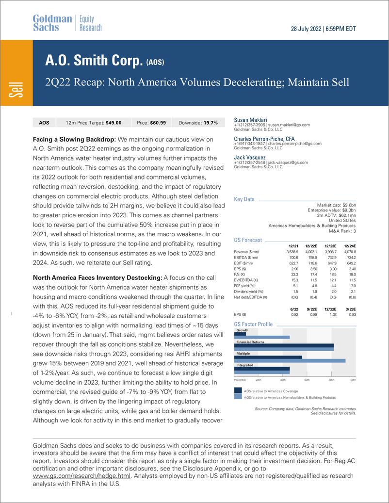 《A.O. Smith Corp. (AOS 2Q22 Reca North America Volumes Decelerating; Maintain Sell(1)》 - 第1页预览图