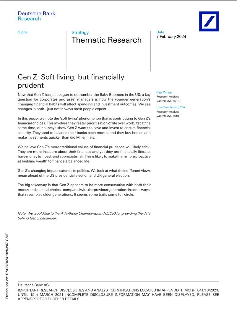 《Deutsche Bank-Thematic Research Gen Z Soft living, but financially prude...-106393093》 - 第1页预览图