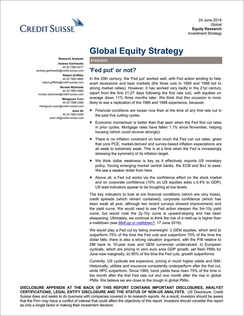 《瑞信-全球-投资策略-全球股票策略：“美联储卖出”还是不卖出？-2019.6.24-27页》 - 第1页预览图