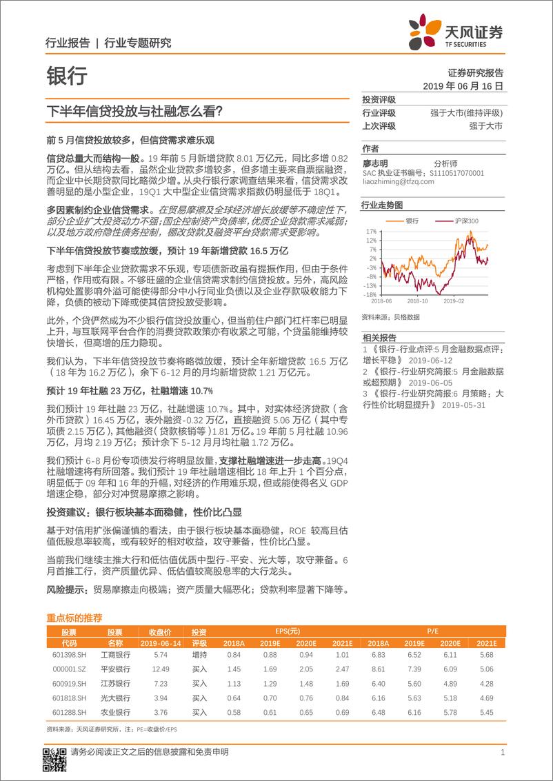 《银行业专题报告：下半年信贷投放与社融怎么看？-20190616-天风证券-19页》 - 第1页预览图