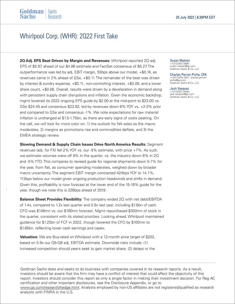 《Whirlpool Corp. (WHR 2Q22 First Take(1)》 - 第1页预览图