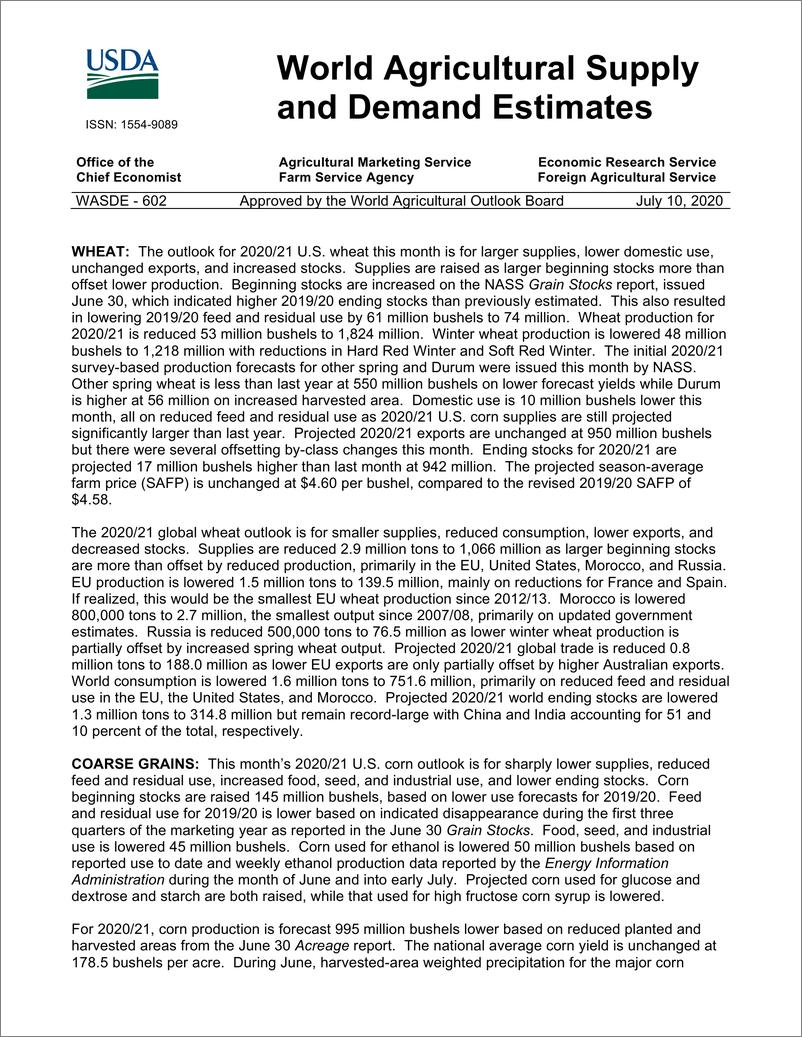 《美国农业部-全球-农业行业-世界农业供需预测-20200710-40页》 - 第1页预览图