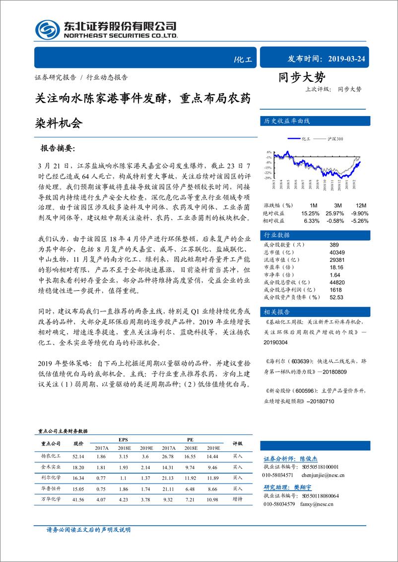 《化工行业：关注响水陈家港事件发酵，重点布局农药染料机会-20190324-东北证券-33页》 - 第1页预览图