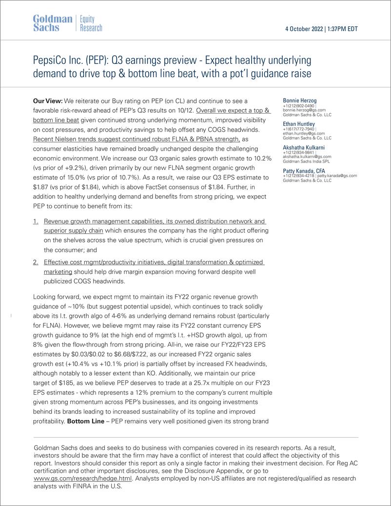 《PepsiCo Inc. (PEP Q3 earnings preview - Expect healthy underlying demand to drive top & bottom line beat, with a pot