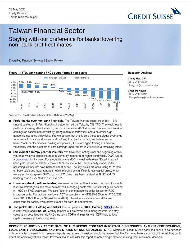 《瑞信-中国台湾金融业-坚持我们对银行的偏好;降低非银行机构的利润预期-2022.5.23-26页》 - 第1页预览图
