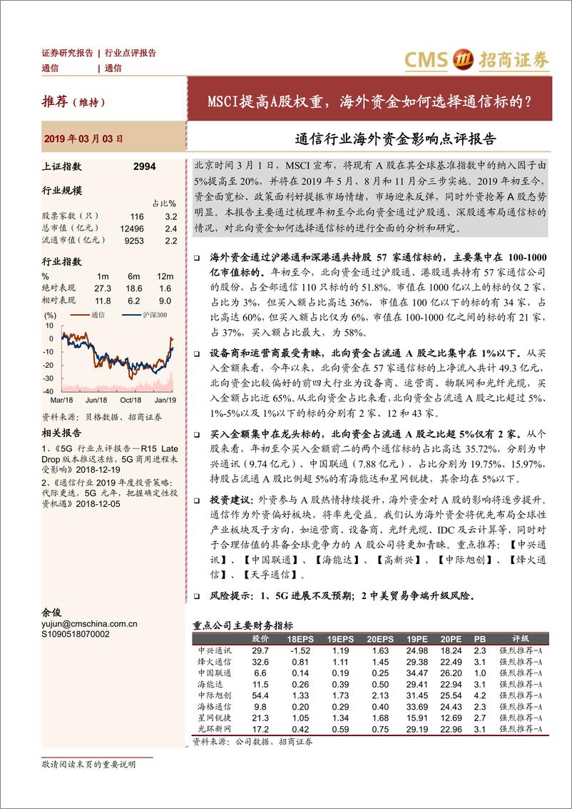 《通信行业海外资金影响点评报告：MSCI提高A股权重，海外资金如何选择通信标的？-20190303-招商证券-23页》 - 第1页预览图