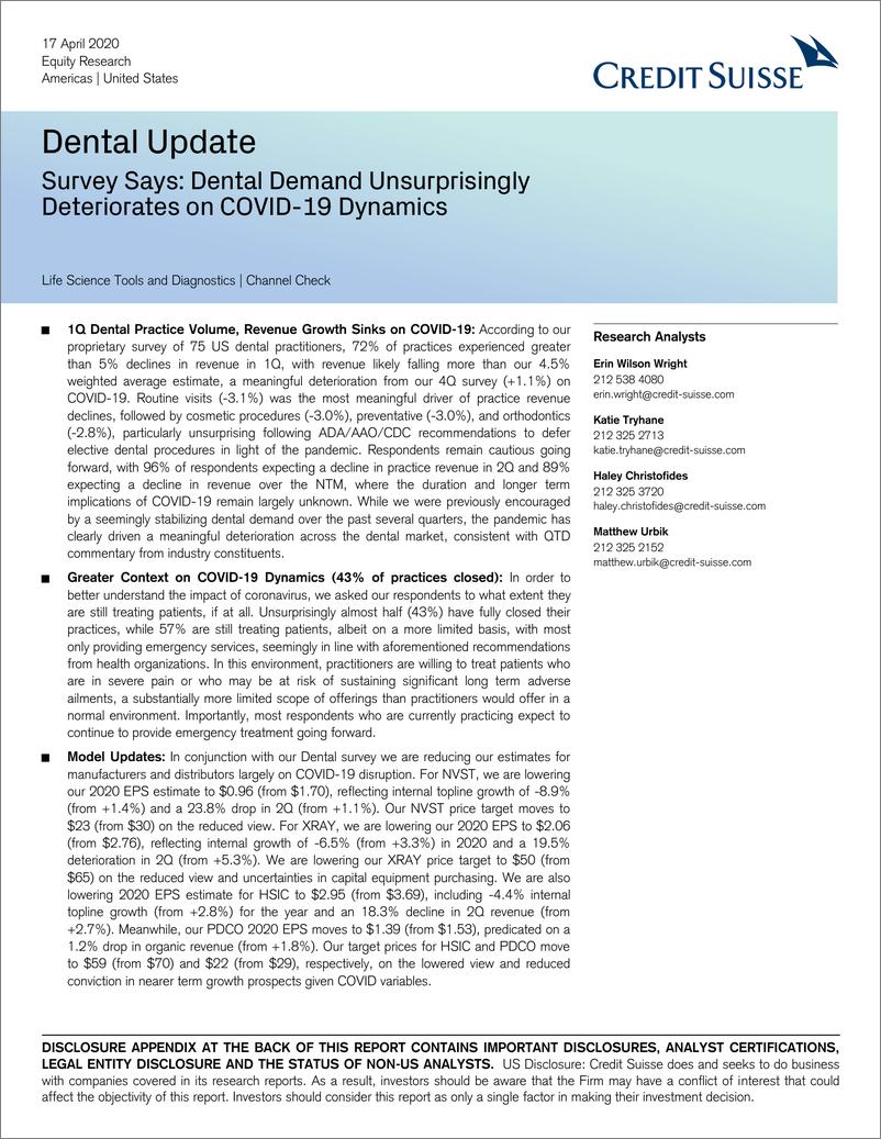 《瑞信-美股-医疗行业-牙医调查显示：COVID-19背景下牙医需求量的下降并不令人意外-2020.4.17-61页》 - 第1页预览图