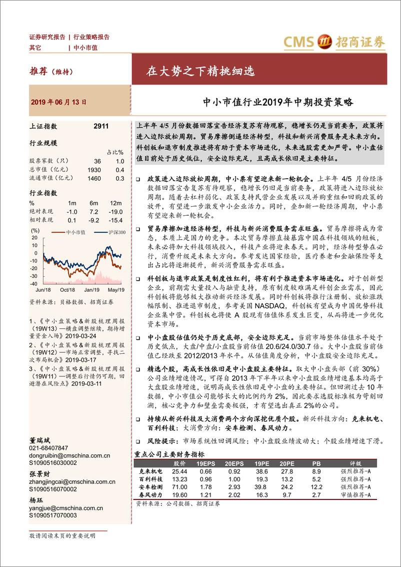 《中小市值行业2019年中期投资策略：在大势之下精挑细选-20190613-招商证券-25页》 - 第1页预览图