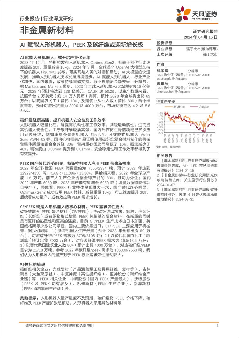 《非金属新材料行业报告：AI赋能人形机器人，PEEK及碳纤维或迎新增长极-240416-天风证券-23页》 - 第1页预览图