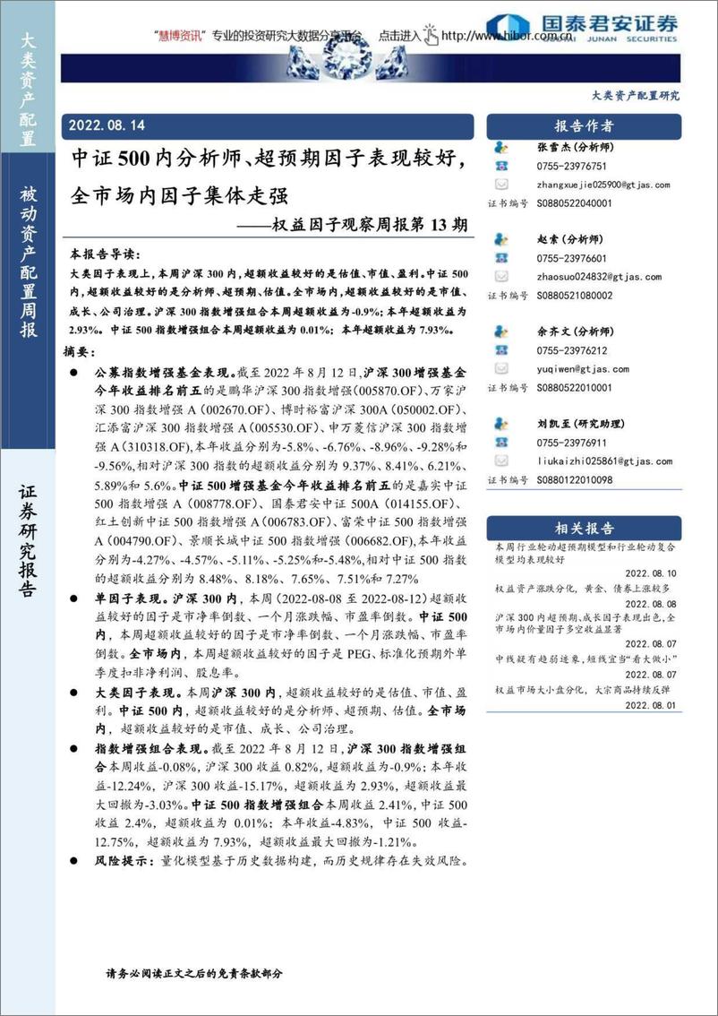 《权益因子观察周报第13期：中证500内分析师、超预期因子表现较好，全市场内因子集体走强-20220814-国泰君安-16页》 - 第1页预览图