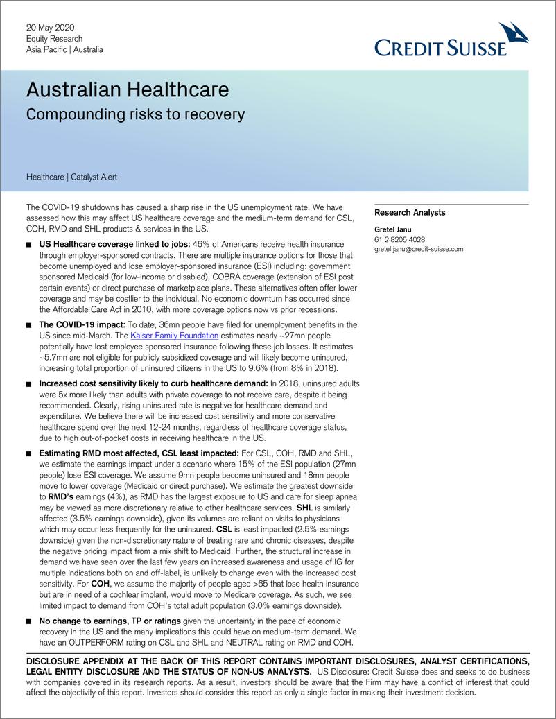 《瑞信-亚太地区-医疗保健行业-澳大利亚医疗业：复苏风险加重-2020.5.20-28页》 - 第1页预览图