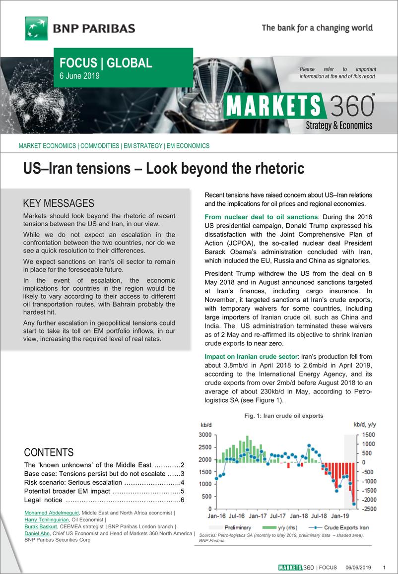 《巴黎银行-全球-投资策略-美国与伊朗的紧张局势：别再花言巧语-20190606-11页》 - 第1页预览图