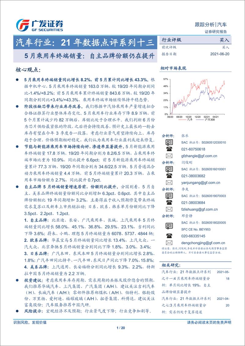 《汽车行业21年数据点评系列十三：5月乘用车终端销量，自主品牌份额仍在提升-20210620-广发证券-20页》 - 第1页预览图