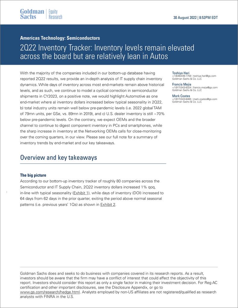 《Americas Technolog Semiconductor 2Q22 Inventory Tracke Inventory levels remain elevated across the board but are relati...(1)》 - 第1页预览图