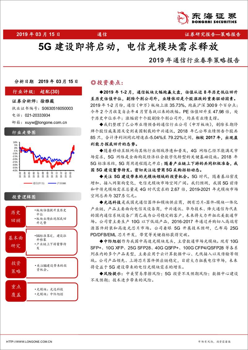 《2019年通信行业春季策略报告：5G建设即将启动，电信光模块需求释放-20190315-东海证券-15页》 - 第1页预览图