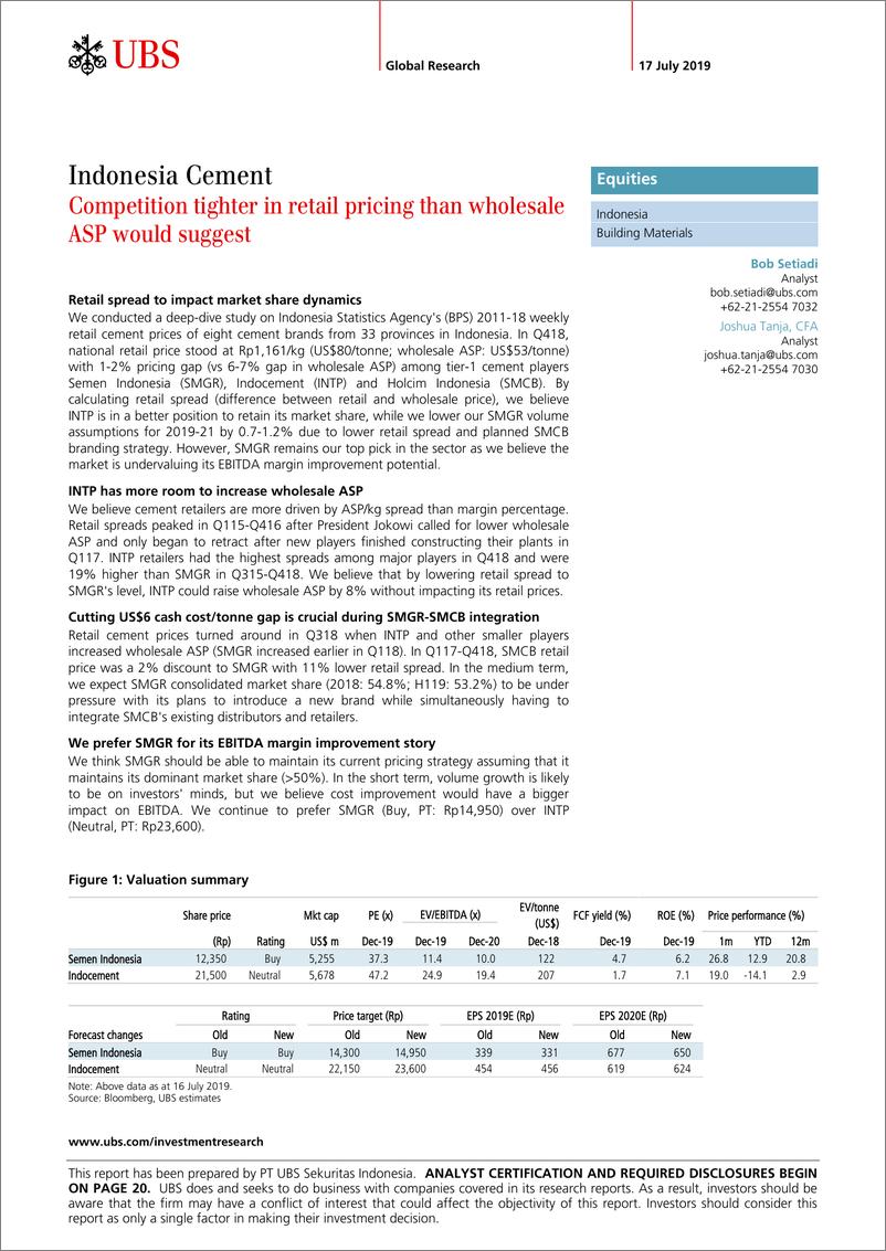 《瑞银-亚太地区-建材行业-印尼水泥业：零售价格的竞争比批发ASP更激烈-2019.7.17-25页》 - 第1页预览图