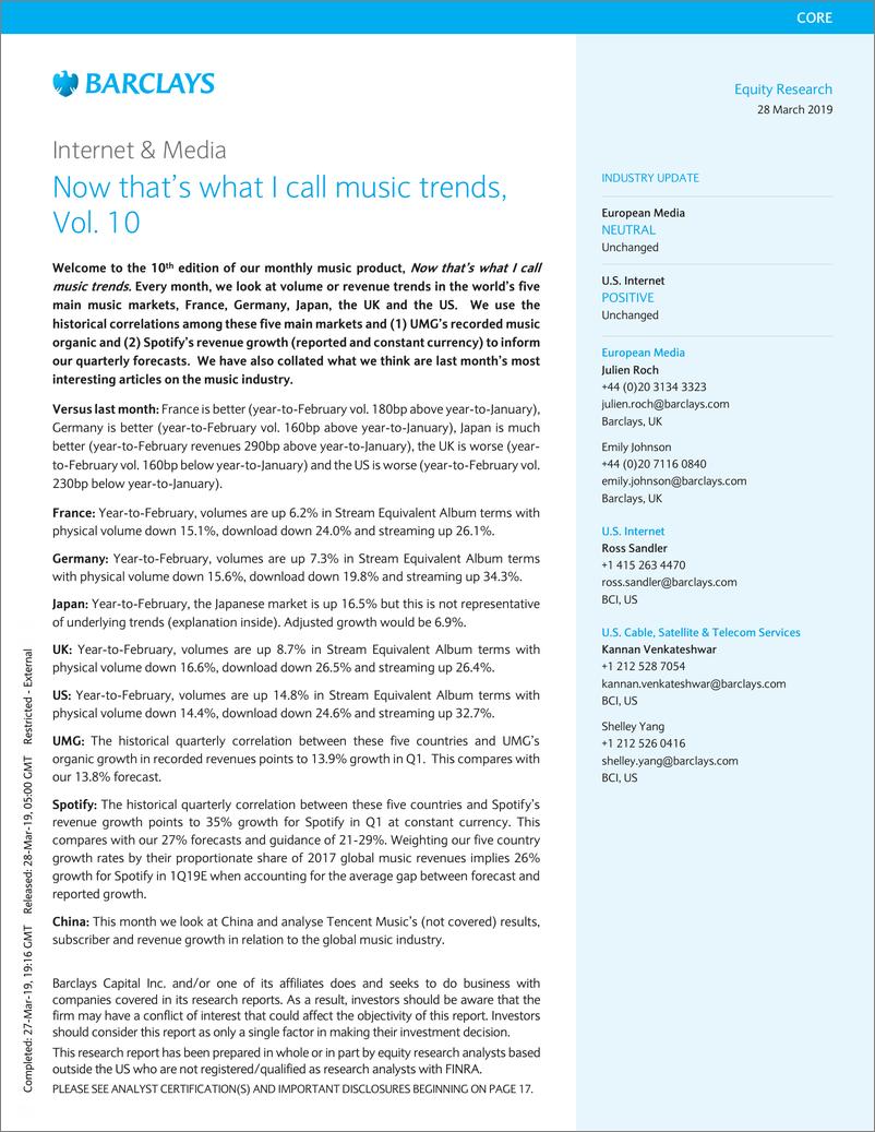 《巴克莱-美股-互联网与媒体行业-美国音乐产业趋势-2019.3.28-22页》 - 第1页预览图
