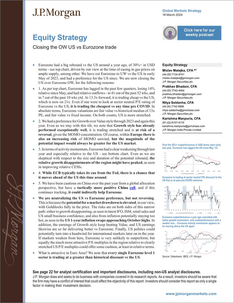 《JPMorgan-Equity Strategy Closing the OW US vs Eurozone trade-107092885》 - 第1页预览图