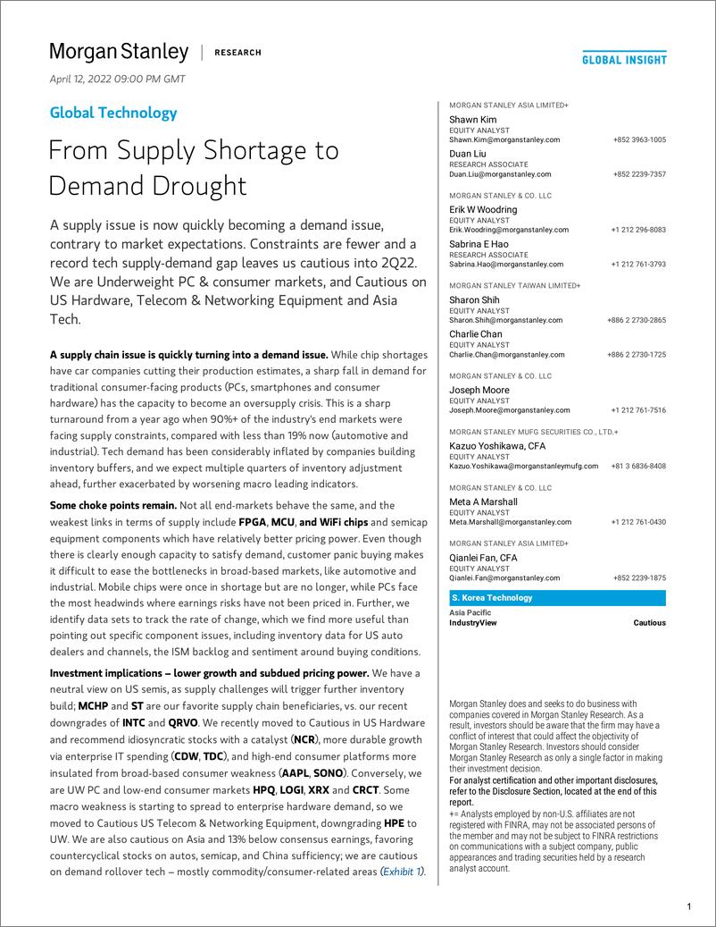 《摩根士丹利-全球科技行业-从供应短缺到需求干旱-2022.4.12-47页》 - 第1页预览图