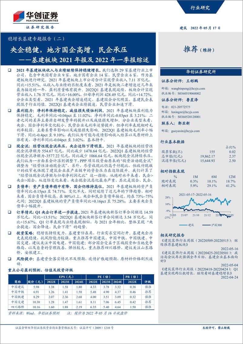 《建筑行业稳增长基建专题报告（二）：基建板块2021年报及2022年一季报综述，央企稳健，地方国企高增，民企承压-20220517-华创证券-19页》 - 第1页预览图