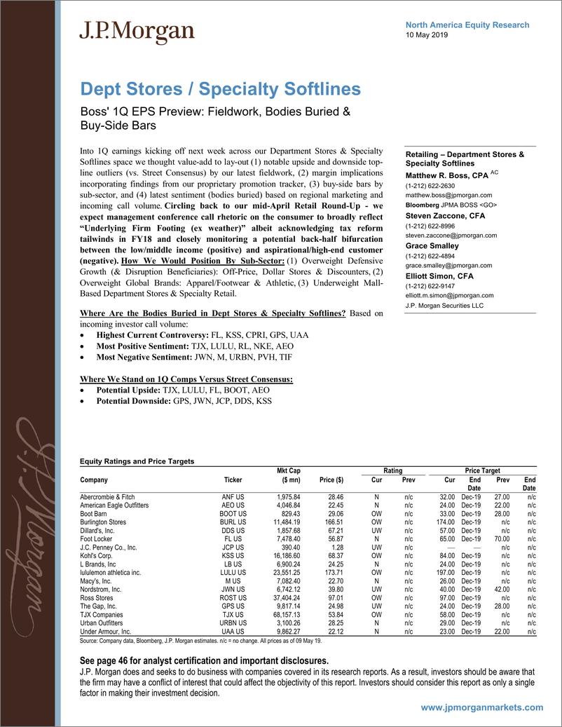 《J.P. 摩根-美股-零售行业-2019年Q1美国百货商店与专业软线零售EPS预览-2019.5.10-48页》 - 第1页预览图