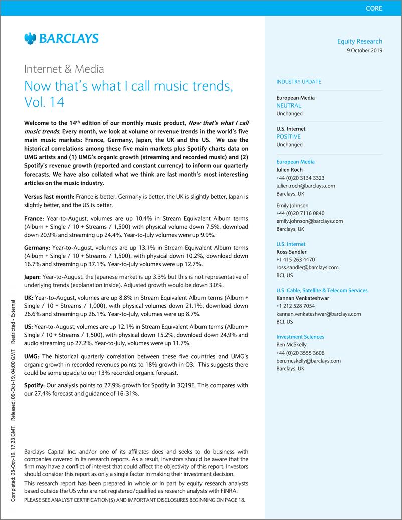 《巴克莱-欧洲-互联网与媒体行业-互联网与媒体：音乐趋势-2019.10.9-26页》 - 第1页预览图