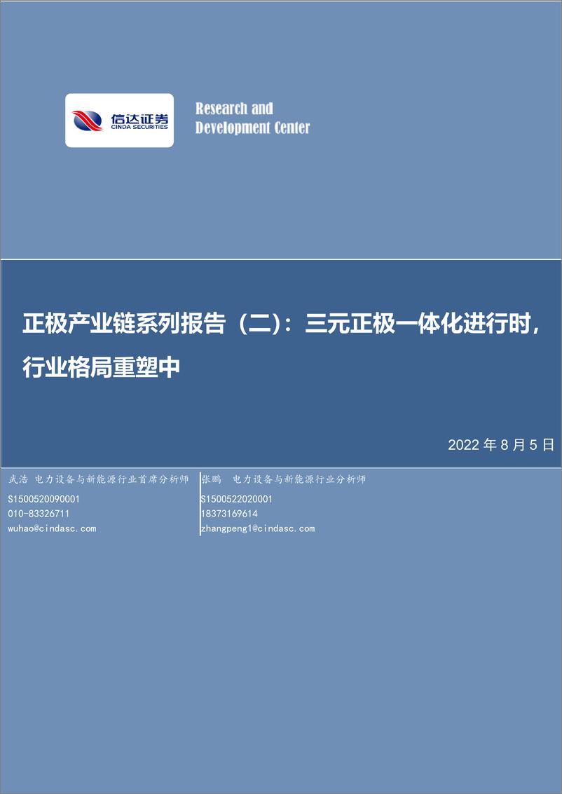 《电力设备与新能源行业正极产业链系列报告：三元正极一体化进行时，行业格局重塑中-20220805-信达证券-20页》 - 第1页预览图