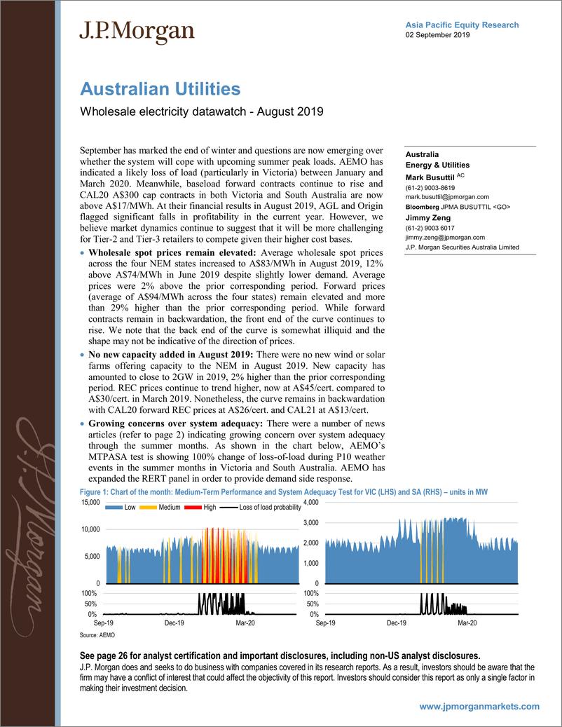 《J.P. 摩根-亚太地区-公用事业行业-澳大利亚公用事业：2019年8月批发电力数据观察-2019.9.2-29页》 - 第1页预览图