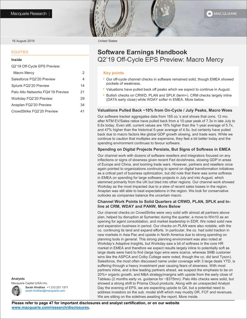 《麦格理-美股-软件行业-软件行业业绩手册：2019年Q2非周期EPS预览-2019.8.16-49页》 - 第1页预览图