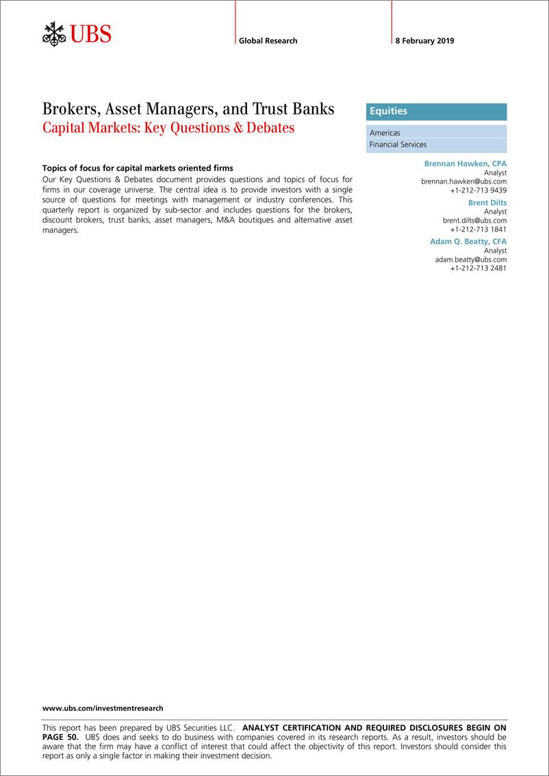 《瑞银-美股-金融服务业-资本市场：核心问题与争论-2019.2.8-55页》 - 第1页预览图