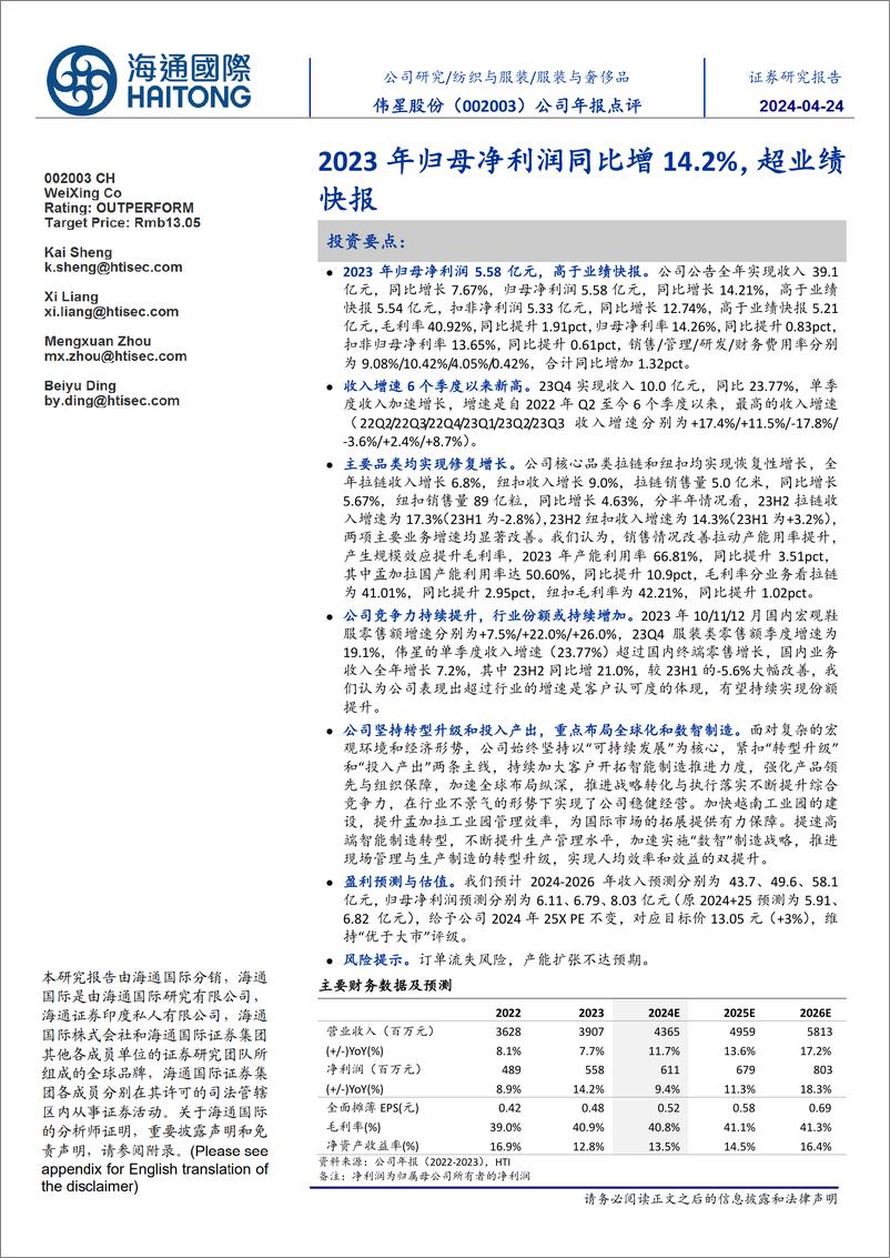 《伟星股份(002003)2023年归母净利润同比增14.2%25，超业绩快报-240424-海通国际-12页》 - 第1页预览图