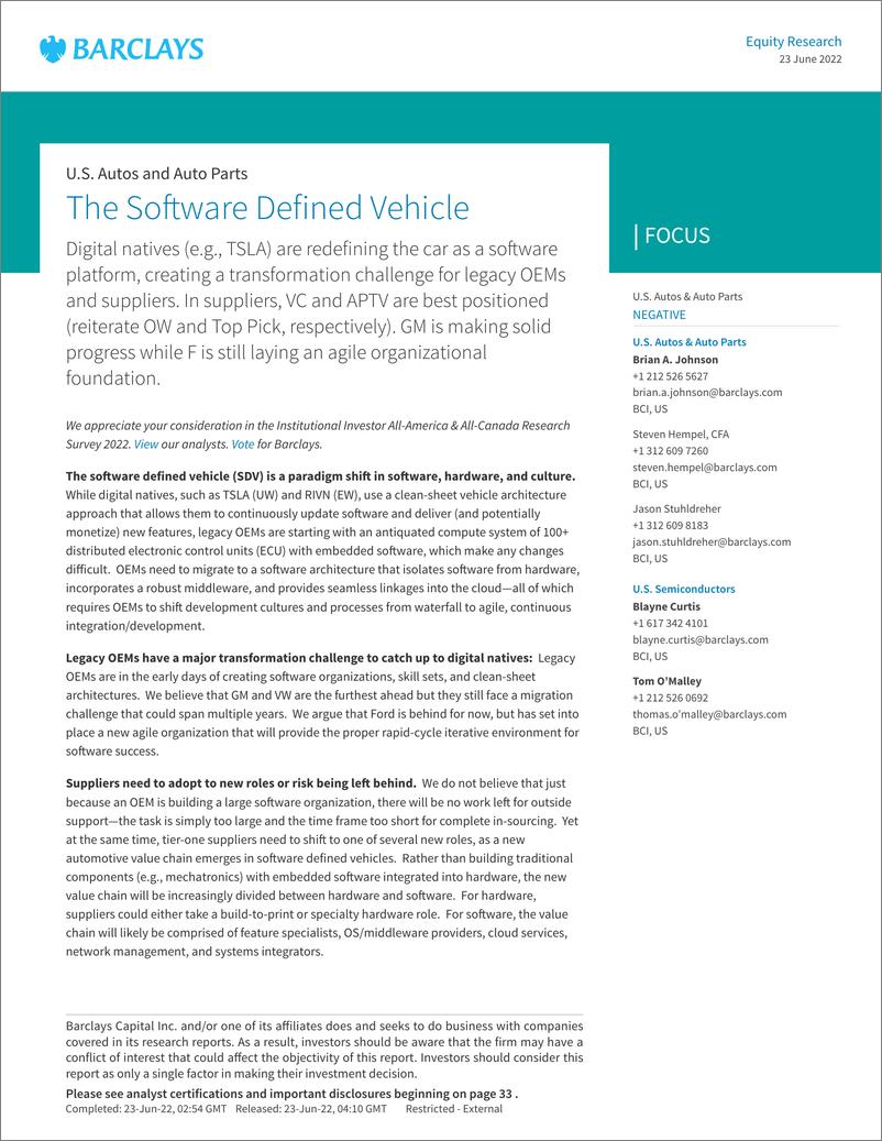 《巴克莱-美股汽车行业-美国汽车和汽车零部件：软件定义的汽车-2022.6.23-38页》 - 第1页预览图
