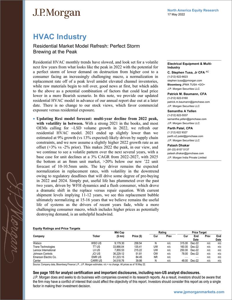 《J.P.摩根-北美暖通空调行业-住宅市场模式更新：完美风暴在顶峰酝酿-2022.5.17-109页》 - 第1页预览图