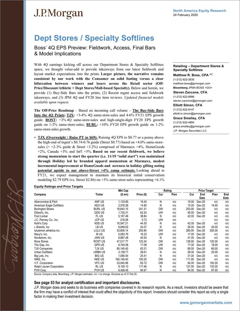 《J.P. 摩根-美股-零售行业-美国百货与软线零售4季度EPS预览-2020.2.24-56页》 - 第1页预览图