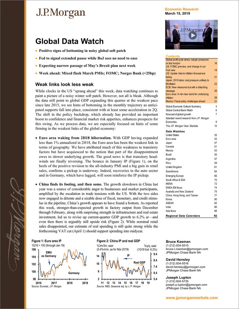 《J.P. 摩根-全球-宏观策略-全球宏观数据观察-2019.3.15-100页》 - 第1页预览图