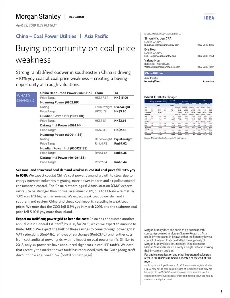 《摩根士丹利-亚太地区-煤电公用事业行业-中国煤电能源：煤炭价格疲软的买入机会-2019.4.25-57页》 - 第1页预览图